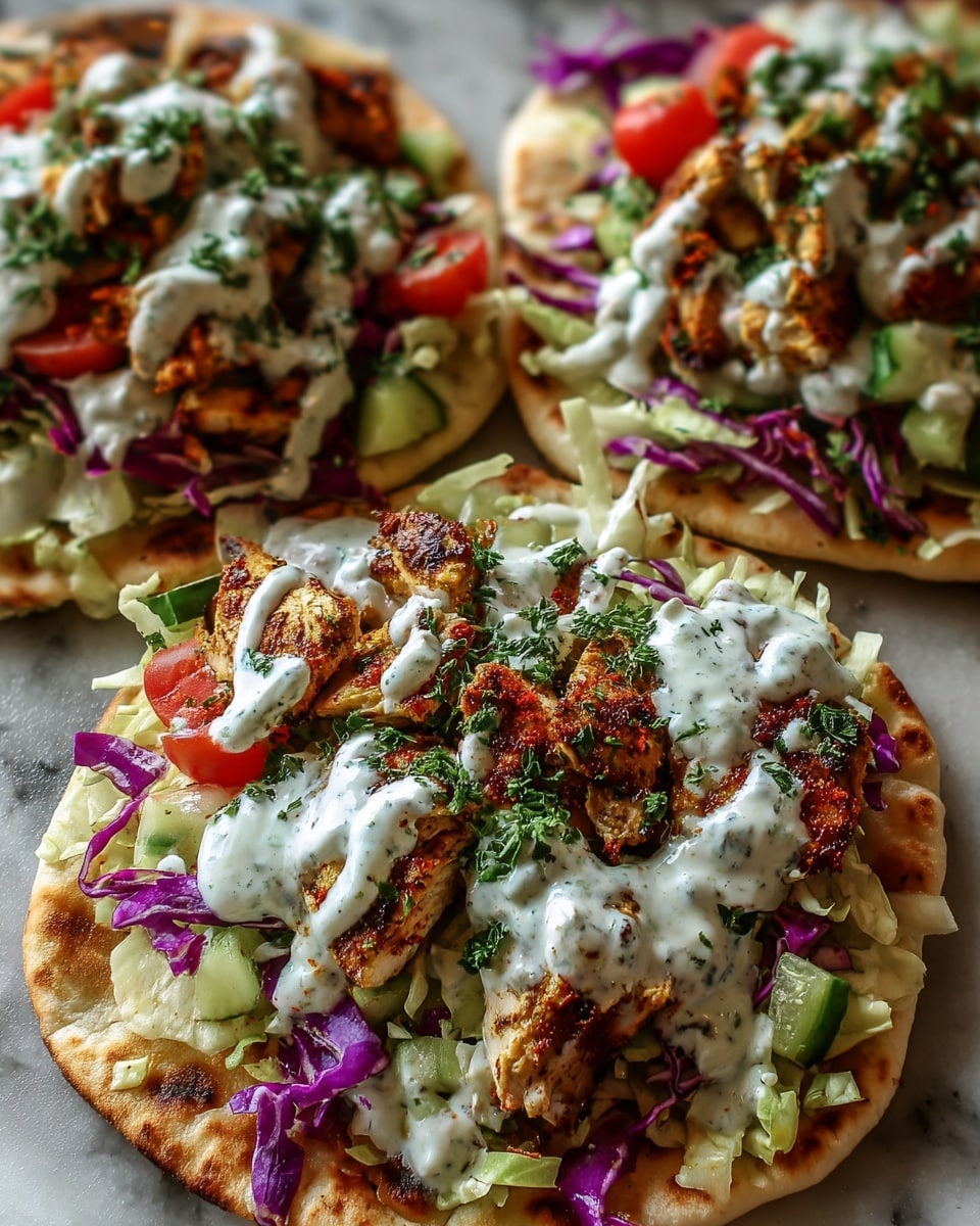The image shows three flatbreads, each layered with shredded green and purple cabbage, finely chopped cucumber, and small tomato chunks. On top of this fresh vegetable mix lies grilled, seasoned chicken pieces with a slightly charred, golden-brown color. Creamy white sauce with green herb specks is drizzled generously over the chicken and vegetables. The flatbreads are placed close together on a white marbled surface, showing the vibrant colors and textures of the fresh salad, tender chicken, and creamy dressing. photo taken with an iphone --ar 4:5 --v 7
