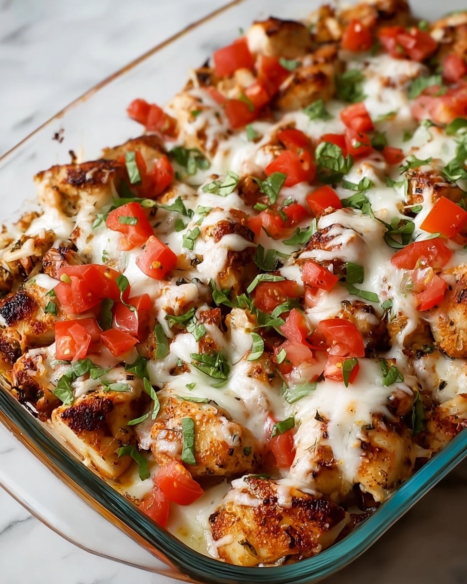 A clear glass baking dish filled with chunks of grilled chicken that are golden brown with some black grill marks. The chicken pieces are covered with a layer of melted white cheese, which appears stringy and soft. Scattered on top are bright red tomato chunks and small thin slices of fresh green herbs, adding color and freshness. The dish looks warm and hearty, with the melted cheese partially covering the tomatoes and chicken, creating a mix of textures and colors. The background is a white marbled surface. photo taken with an iphone --ar 4:5 --v 7