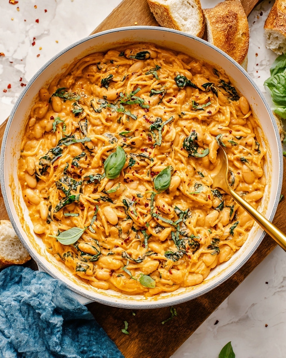 A white pan filled with creamy orange pasta covered in rich sauce, with visible small pasta shells forming the first layer. The sauce, creamy and thick with a smooth texture, coats the pasta evenly. Mixed in and scattered on top are bright green fresh basil leaves and finely chopped herbs, adding a fresh and vibrant touch. A golden spoon rests inside the pan on the right side, partially covered in the sauce. The pan is placed on a wooden board, with pieces of torn bread and scattered herbs around on a white marbled surface. Photo taken with an iphone --ar 4:5 --v 7