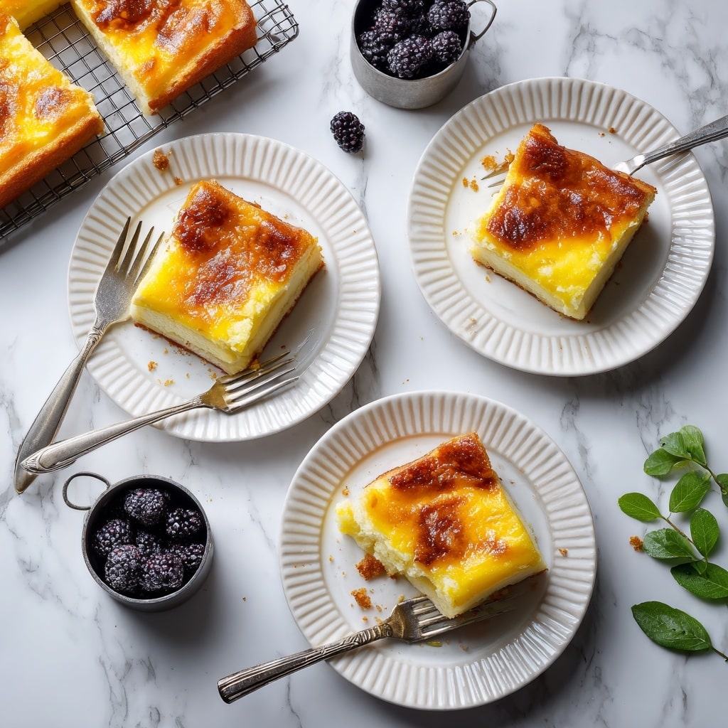 The image shows four pieces of golden brown, square-shaped dessert bars on white plates with ridged edges. Each bar has a slightly crispy top layer with a shiny texture, and a soft yellow layer beneath it. Two plates have silver forks resting on the sides, and one plate has a silver spoon with a bite of the dessert on it near the center. Crumbs are scattered on the white marbled surface under the plates. In the upper left, there is a cooling rack with a whole baked dessert. A small metal cup filled with frosted blackberries is placed near the bottom left corner. Some green leaves add a natural touch to the bottom right edge of the image. photo taken with an iphone --ar 4:5 --v 7