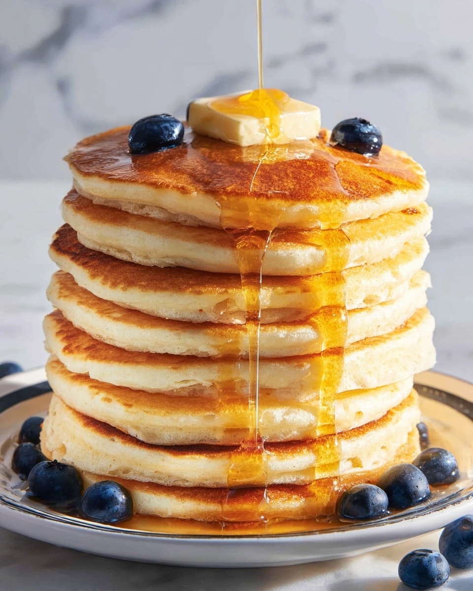 A tall stack of nine golden-brown pancakes sits in the center of a white plate with a thin dark rim. Each pancake layer is thick, fluffy, and evenly cooked with light holes and a soft texture. Bright golden syrup drips down all the layers, pooling around the bottom pancake and the plate. On top of the stack is a square piece of melting butter with a golden-yellow sheen. Around the base of the pancakes, several plump, fresh blueberries add a deep blue contrast. The scene is set against a white marbled texture background, enhancing the warm colors of the pancakes and syrup. photo taken with an iphone --ar 4:5 --v 7