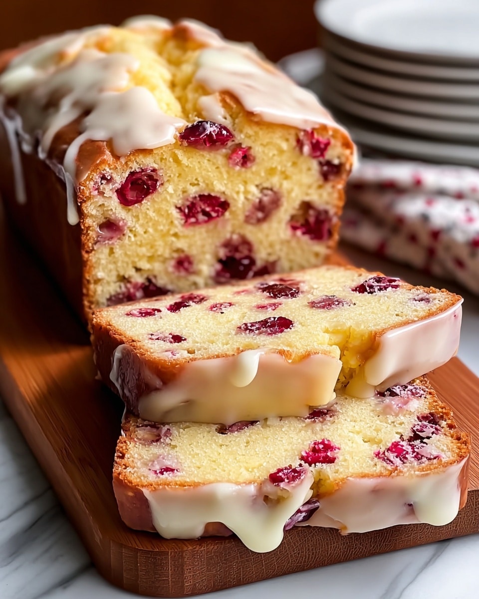 The image shows a loaf of cake with two slices cut and placed in front, all on a wooden board set against a white marbled surface. The cake is light yellow inside with a soft texture, filled with bright red cherries scattered throughout each slice. The top of the cake is golden brown with a thick, creamy white glaze generously drizzled over it, creating a shiny and smooth appearance. The slices reveal the creamy glaze melting slightly around the cherries and cake, adding a rich, moist look to the overall texture. photo taken with an iphone --ar 4:5 --v 7