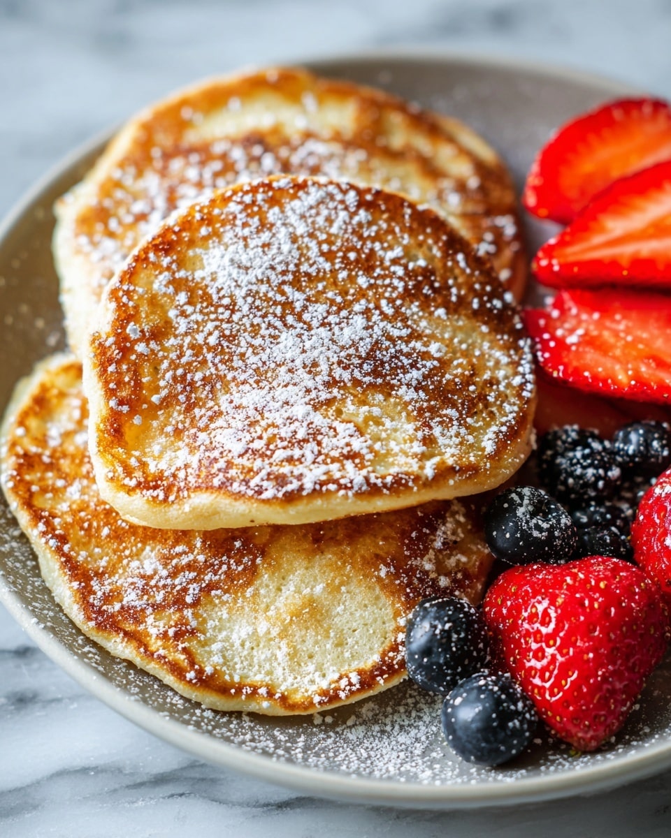 The image shows a white plate with five golden-brown pancakes arranged on the left side, each pancake slightly overlapping the next, and lightly dusted with powdered sugar giving a snowy texture on top. On the right side of the plate, there is a colorful mix of fresh berries, including whole and sliced red strawberries with green leaves, and plump dark blue blueberries scattered around. The plate is set on a white marbled texture surface. photo taken with an iphone --ar 4:5 --v 7