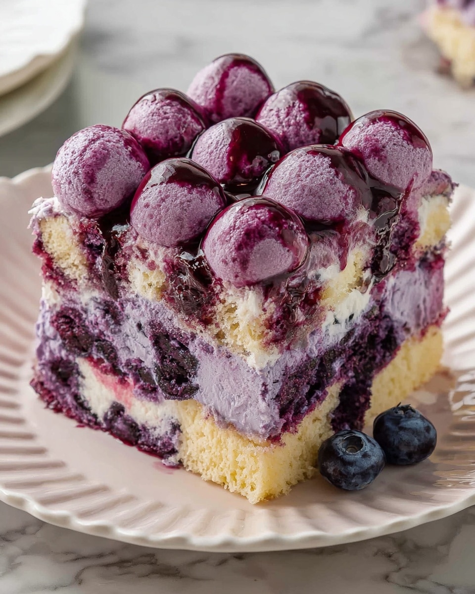 A small round dessert slice on a white plate with scalloped edges shows three distinct layers: the bottom layer consists of soft, pale yellow sponge cake pieces, the middle layer is a smooth and dark purple berry mixture mixed with the sponge, and the top layer features fluffy, light purple cream dollops with darker purple berry sauce drizzled unevenly over them. The dessert looks moist and creamy with a textured surface, and a silver fork lies beside it, holding a piece of the dessert. The plate rests on a white marbled surface. Photo taken with an iphone --ar 4:5 --v 7