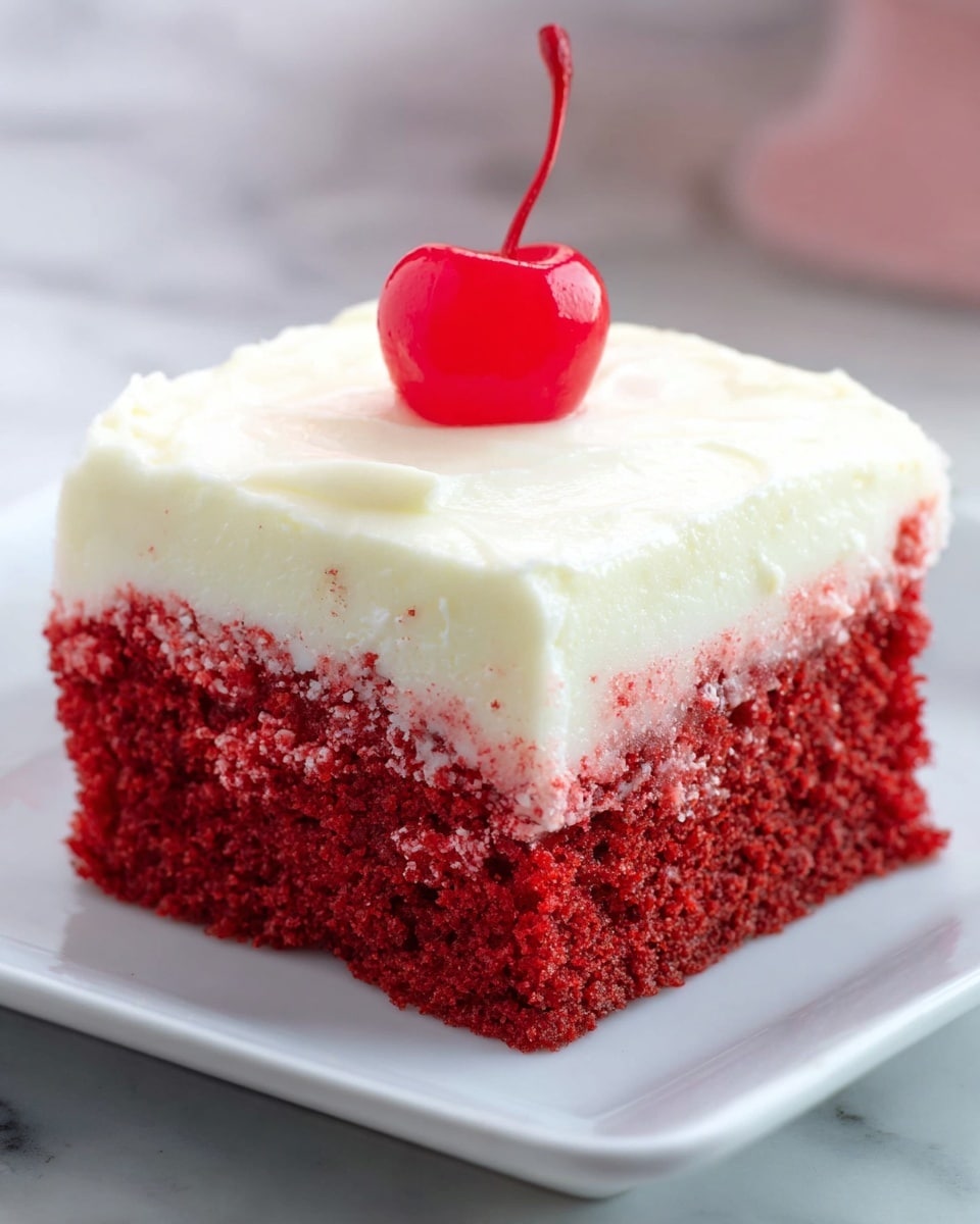 A square piece of two-layer cake sits on a white plate over a white marbled texture. The bottom layer is a thick, moist red cake with a soft crumb texture, and the top layer is a smooth, thick white frosting. A bright red cherry with a stem is placed in the center on top of the frosting. In the background, a larger cake with similar layers and cherries on top is partially visible, along with a glass bowl containing more cherries and a red-and-white striped cloth. photo taken with an iphone --ar 4:5 --v 7
