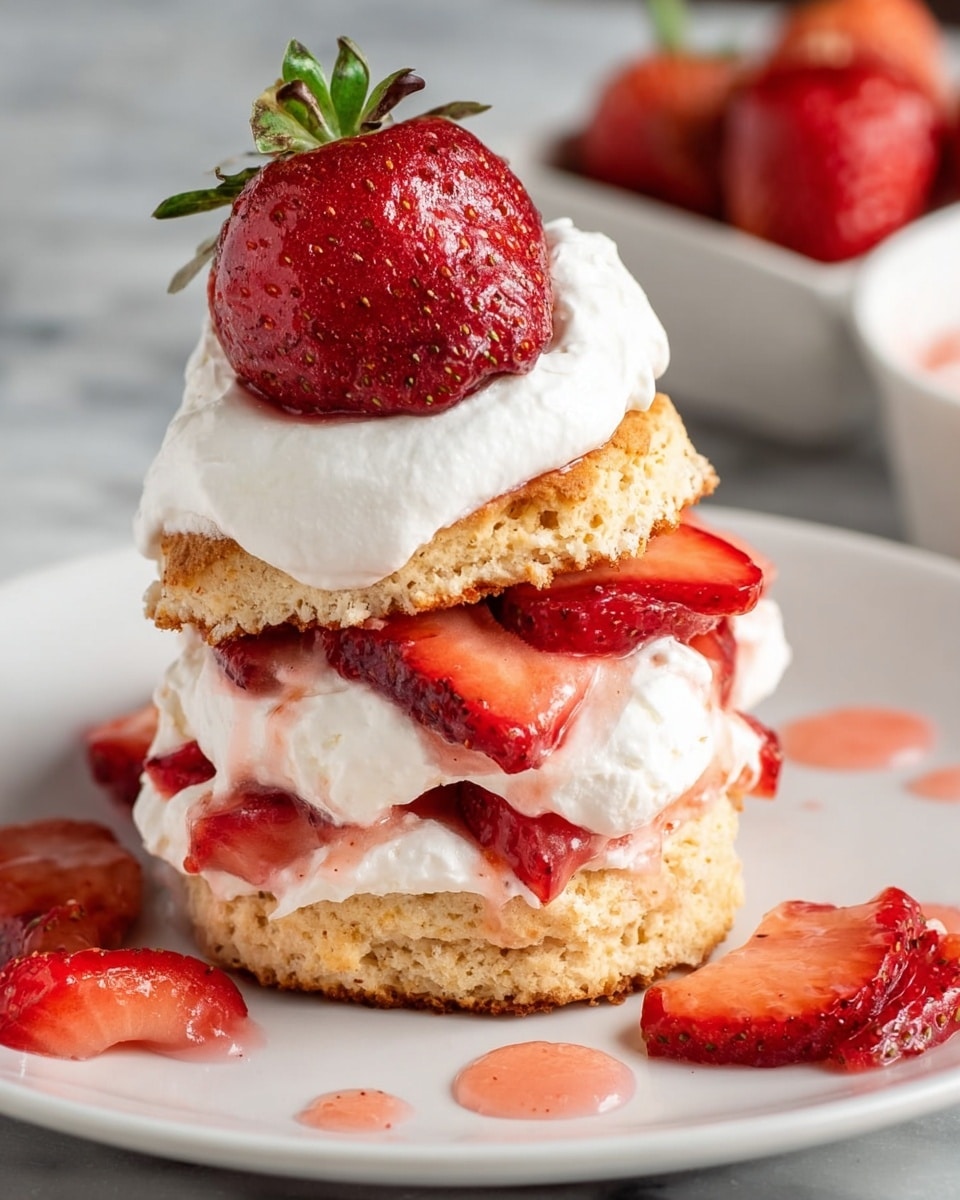 A stack dessert with three layers on a white plate: the bottom layer is a golden brown biscuit with a crumbly texture, topped with a thick layer of white whipped cream mixed with slices of bright red strawberries; the middle layer is another biscuit piece, slightly smaller, with more sliced strawberries on top; the top layer is a generous dollop of whipped cream crowned with a whole shiny red strawberry with a green leafy top. There are scattered strawberry slices and drops of pink strawberry juice on the plate, all placed on a white marbled surface. Photo taken with an iphone --ar 4:5 --v 7