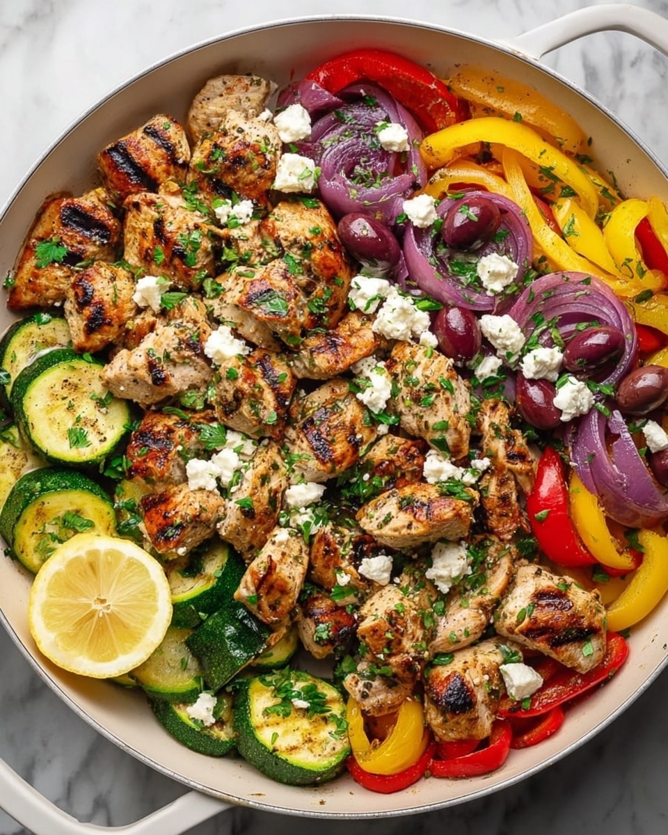 A white skillet filled with a colorful mix of grilled chicken pieces with a golden-brown texture, bright green sliced zucchini rounds, red and yellow bell pepper strips, and purple-red onion slices. Dark purple olives are scattered throughout, with small white crumbles of cheese sprinkled on top, and fresh green parsley chopped over all the ingredients. Two lemon wedges sit on one side of the skillet, which rests on a white marbled texture surface. photo taken with an iphone --ar 4:5 --v 7