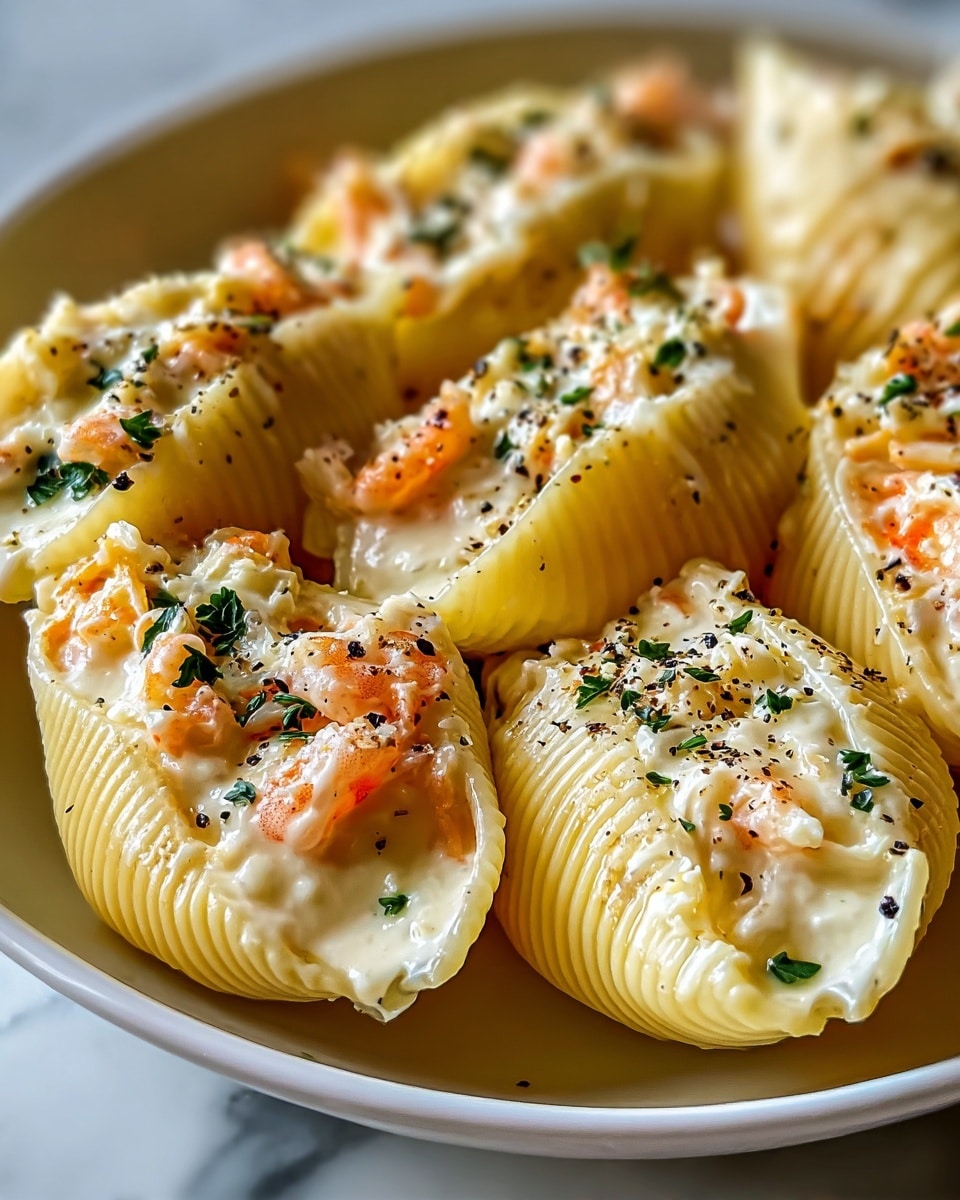 The image shows a close-up of a white round plate filled with large pasta shells, each stuffed with creamy filling topped with small cooked shrimp pieces. The shells have a pale yellow color with smooth ridges on the edges. The filling inside is light beige with a creamy texture, and the shrimp is a bright orange color. Each shell is garnished with finely chopped green herbs and a sprinkle of black pepper. The plate is resting on a white marbled surface, making the colors of the food stand out clearly. photo taken with an iphone --ar 4:5 --v 7