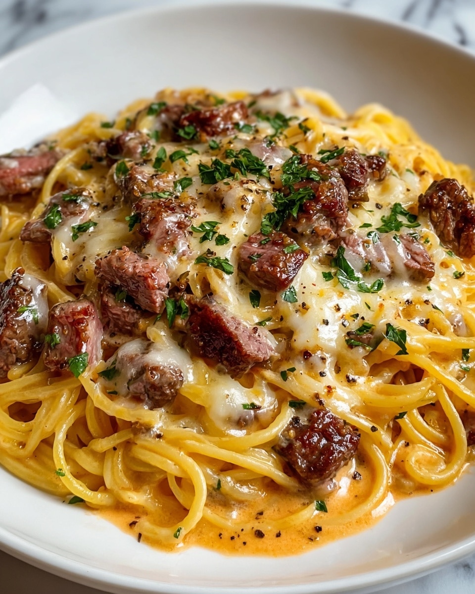 A white plate on a white marbled texture holds creamy pasta coated in a rich, golden sauce, with visible green herbs mixed in the noodles. On top, there are small dark brown grilled beef cubes scattered over the pasta, some covered with melted cheese that has a slightly browned, glossy look. The whole dish is sprinkled with fresh chopped green parsley and cracked black pepper, giving it texture and color contrast. photo taken with an iphone --ar 4:5 --v 7