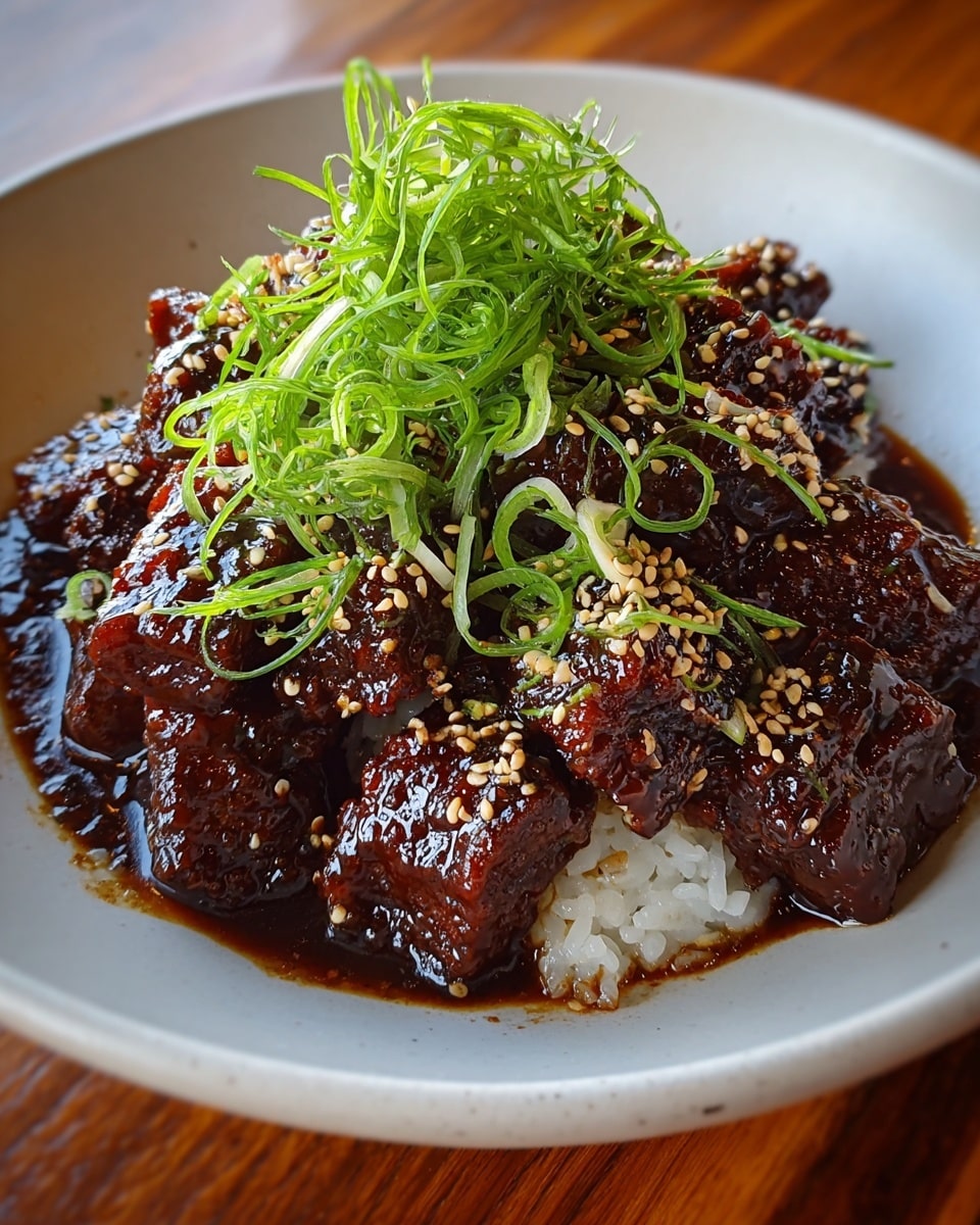 A white plate is filled with a base layer of white rice peeking from underneath thick, dark brown glazed chunks of beef, coated in a shiny, rich sauce. The beef pieces are sprinkled generously with toasted sesame seeds and thinly sliced green onions. On top, a mound of fresh, bright green herbs adds a vibrant contrast with fine, feathery leaves. The sauce creates a slight pool around the edges of the plate, enhancing the glossy texture of the dish. photo taken with an iphone --ar 4:5 --v 7