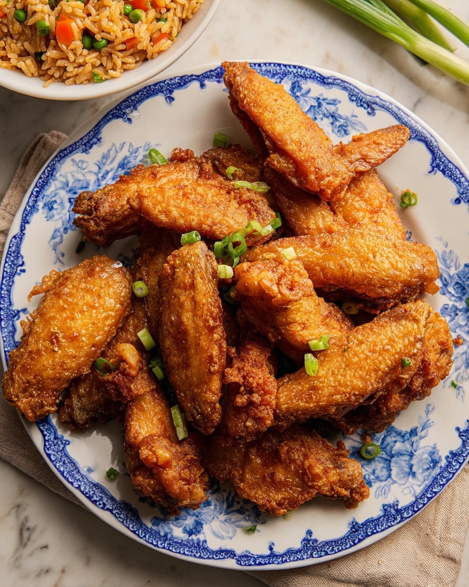 The image shows a white plate with blue flower patterns holding five golden brown fried chicken wings arranged in a loose circle, some topped with small green herb pieces. Next to the wings is a neat round mound of fried rice mixed with small bits of orange carrot, green peas, and scrambled egg, sprinkled with black pepper. The plate is placed on a beige cloth on a white marbled surface. Behind the plate is a metal cooling rack with more fried chicken wings. To the left are gold-colored chopsticks and a spoon resting on the cloth, and to the right are green sauce packets with a few drops of sauce on the surface. Photo taken with an iphone --ar 4:5 --v 7