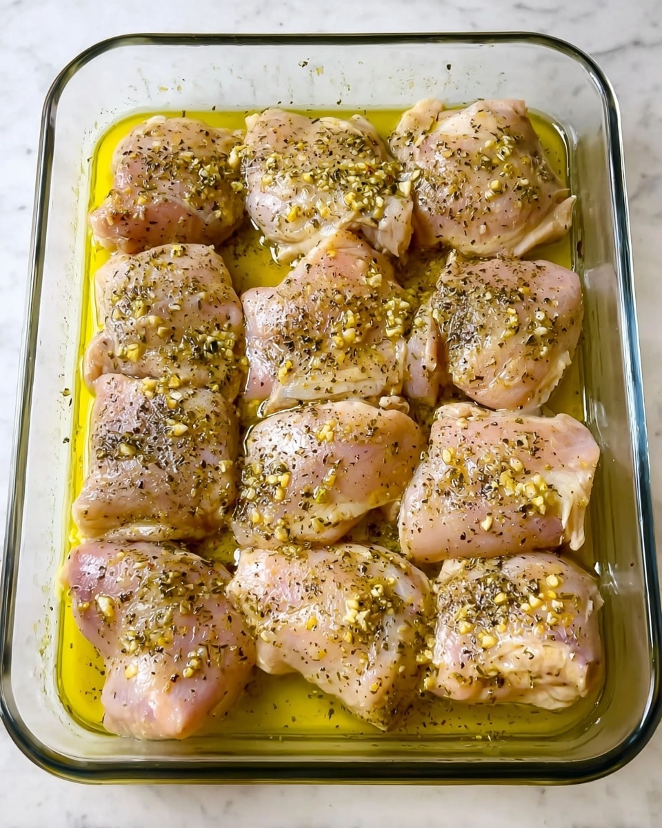 A glass baking dish filled with fourteen pieces of raw chicken thighs, arranged closely in three rows. The chicken pieces have a pale pink color with a light coating of yellow oil and small bits of minced garlic. They are sprinkled evenly with black pepper and herbs, creating a speckled dark texture across the surface. The dish rests on a white marbled texture that adds a soft contrast to the vivid colors of the chicken and oil. photo taken with an iphone --ar 4:5 --v 7