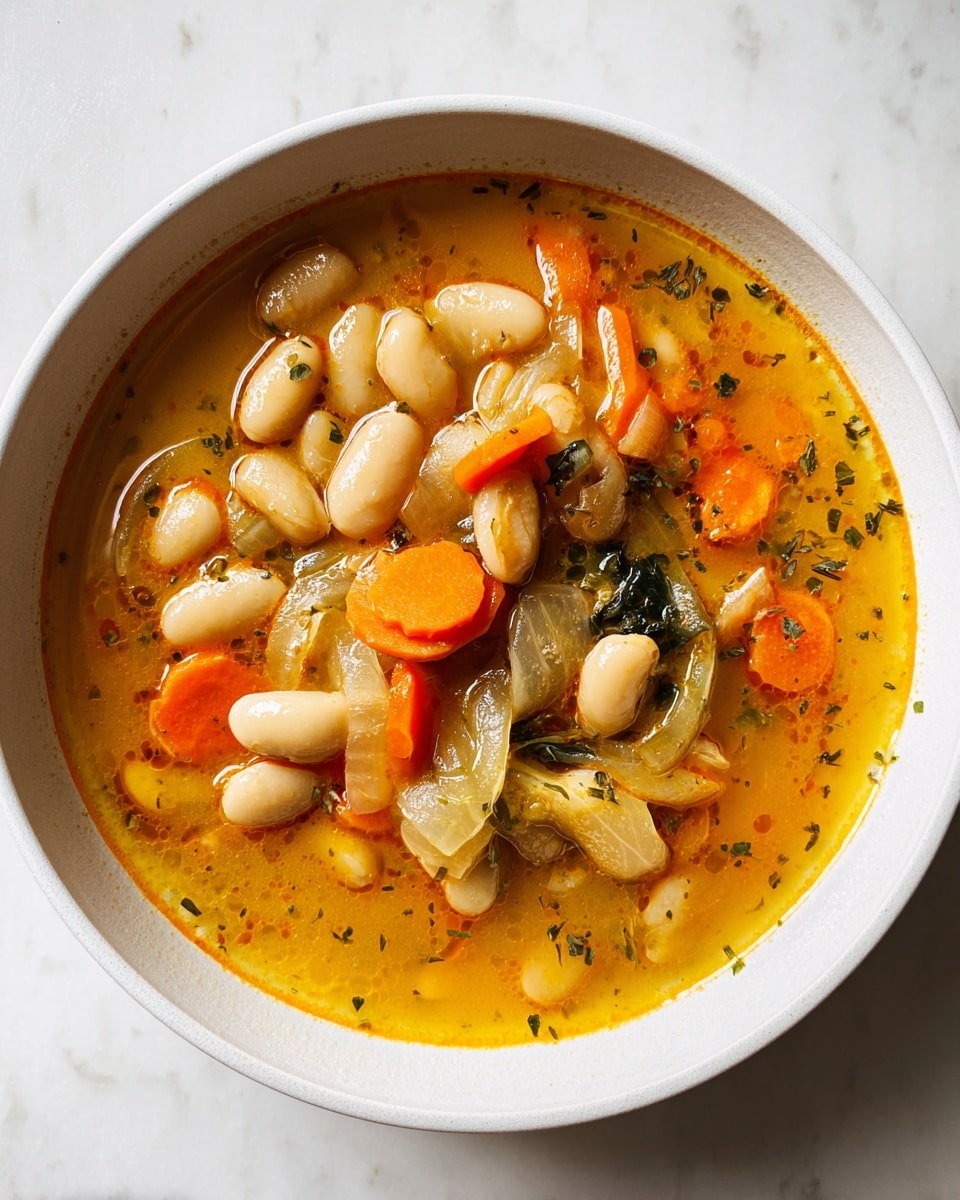 A white bowl filled with a warm soup that has a yellow-orange broth with small oil drops on the surface. The soup contains large white beans, bright orange carrot slices, light green celery, translucent cooked onions, and small green herb leaves scattered throughout. The bowl rests on a white marbled surface. photo taken with an iphone --ar 4:5 --v 7