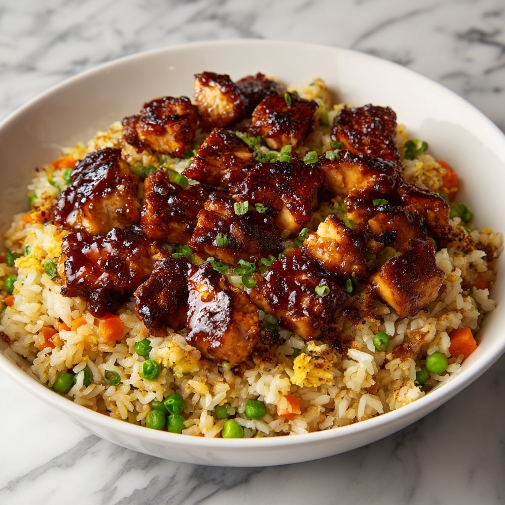 The image shows a dish with two layers served in a white bowl. The bottom layer is fried rice with white grains mixed with small pieces of orange carrots and green vegetables, creating a varied texture. The top layer consists of glossy, golden-brown chunks of chicken covered in a thick dark brown sauce that shines under the light, spread evenly over the rice. The background features a white marbled surface. photo taken with an iphone --ar 4:5 --v 7