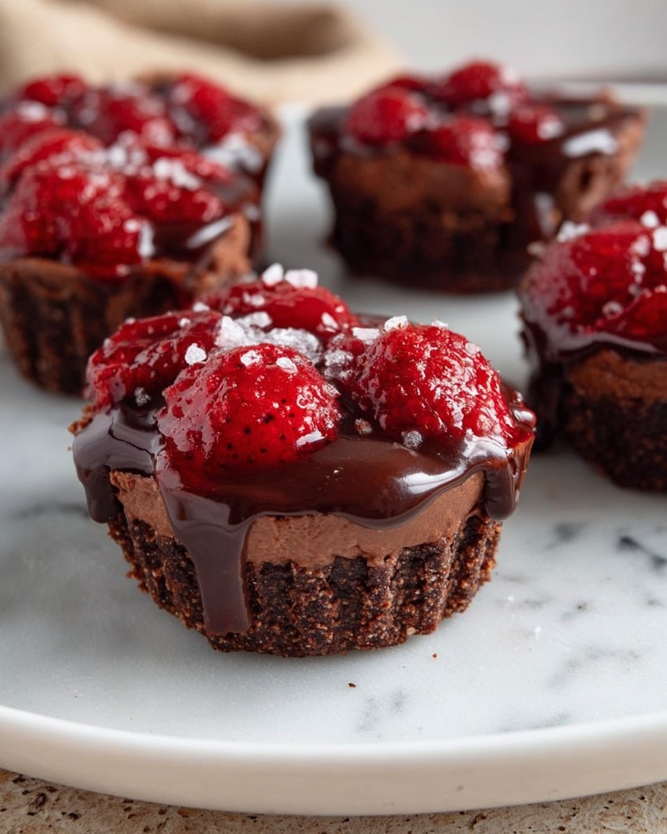 The image shows five small chocolate tarts on a white plate set on a white marbled surface. Each tart has a dark brown crunchy crust as the bottom layer, topped with a smooth, milk-chocolate creamy layer in the middle. On top of this is a bright red raspberry compote layer with whole, juicy raspberries visible, covered partially by a shiny dark chocolate glaze dripping slightly over the edges. There is a sprinkle of coarse sea salt crystals on the dark chocolate glaze, adding texture and contrast. The focus is on the closest tart, with the others blurred in the background. Photo taken with an iphone --ar 4:5 --v 7