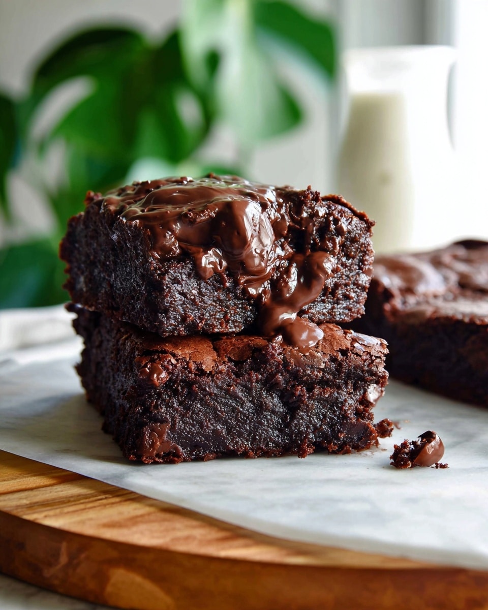 The image shows a thick, rich chocolate brownie with a square piece cut out and placed on top. The brownie has two main layers: a dark, slightly rough outer crust and a moist, gooey inner layer with melted chocolate chunks visible throughout. The top is glossy with melted chocolate pooling in small spots. The brownie rests on white parchment paper over a wooden board, set on a white marbled surface. In the blurred background, there is a small glass jug filled with milk and green leaves from a plant. Photo taken with an iphone --ar 4:5 --v 7