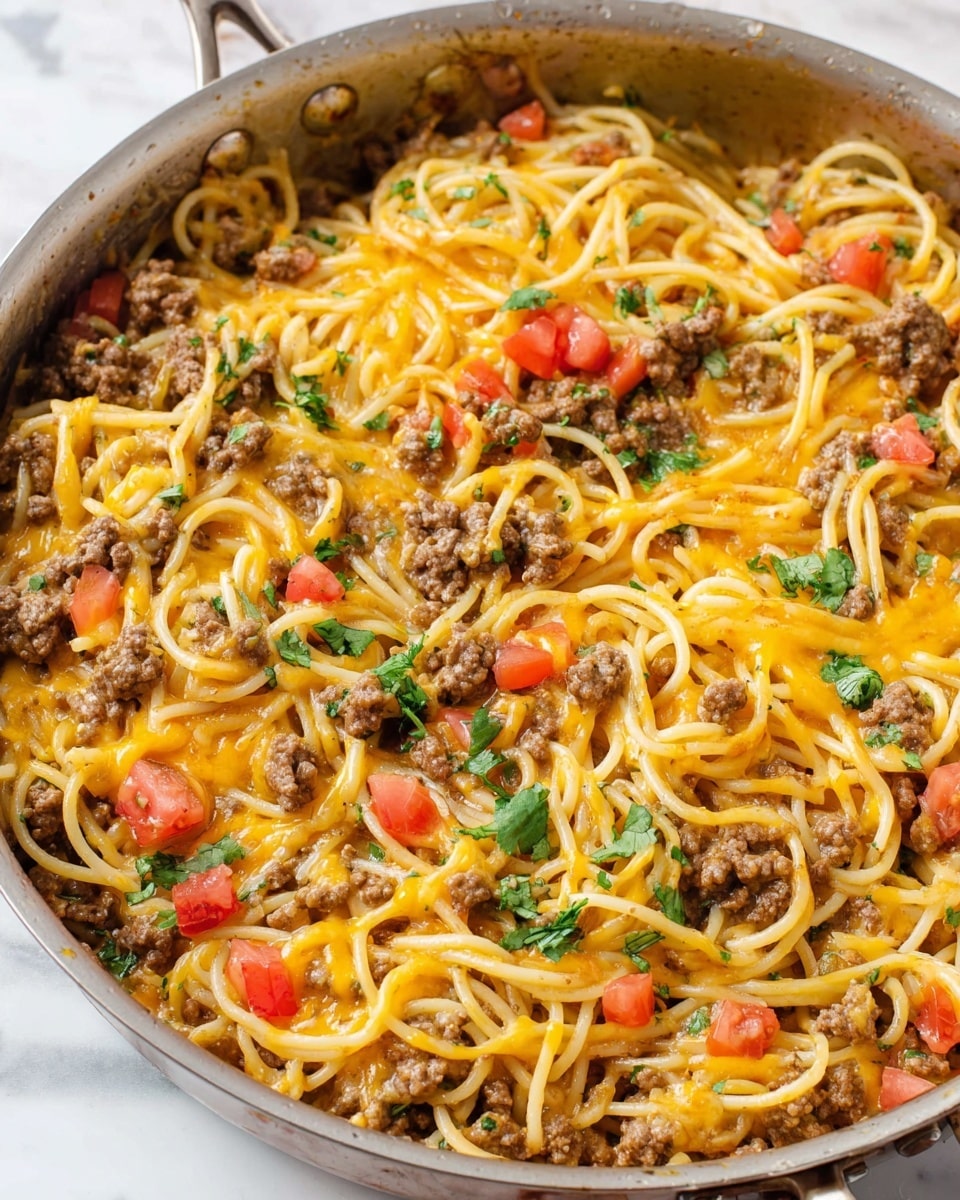 The image shows a close-up of a stainless steel pan filled with a mixed dish. The dish contains three main layers: long, thin spaghetti noodles in a light yellow color forming the base intertwined throughout, cooked ground beef pieces in medium brown scattered evenly, and melted cheddar cheese in a bright orange hue spread out and mixed into the noodles and beef. Diced red tomatoes and green cilantro leaves are sprinkled on top, adding small pops of color against the melted cheese and noodles. The pan sits on a white marbled surface. Photo taken with an iphone --ar 4:5 --v 7