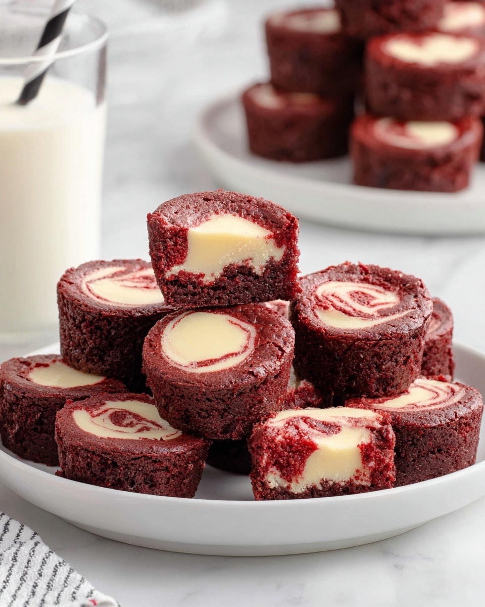 A pile of small round red velvet cream cheese brownies sits on a white plate. Each brownie has two layers: a soft, dark red outer cake with a smooth, creamy white center swirled with light red streaks. The brownies vary slightly in shape, some showing more swirled cream on top, others more on the side. In the background, a glass of milk with a black and white striped straw and more stacked brownies on a white plate can be seen, all set on a white marbled surface. photo taken with an iphone --ar 4:5 --v 7