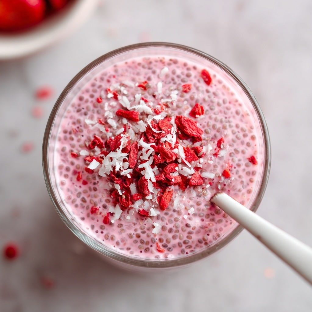 A close-up top view of a glass filled with light pink chia pudding, showing visible tiny chia seeds suspended throughout the creamy texture. On the pudding surface, there are small pieces of bright red freeze-dried strawberry and white coconut flakes scattered. A large fresh red strawberry with green leaves is placed on the glass rim. The background has a soft white marbled texture, and some blurred white bowls with red strawberries and light green powder are visible around. Photo taken with an iphone --ar 4:5 --v 7