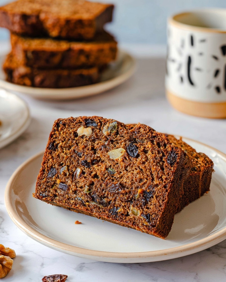 A loaf of dark brown fruit and nut bread sits on an oblong white plate with a textured pattern. The bread has a cracked top crust and a dense, moist inside filled with visible pieces of nuts and dried fruits, showing a mix of light tan and dark brown specks. Two thick slices are cut and placed in front of the loaf, revealing the consistent texture and dense filling inside. The plate rests on a white marbled surface, and blurred elements like a bowl of walnuts and other dishes appear softly in the background. photo taken with an iphone --ar 4:5 --v 7