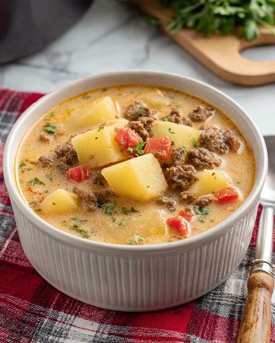 A black bowl filled with a creamy soup showing multiple layers of ingredients: large tan potato pieces on top with chunks of browned ground beef and small red bell pepper pieces mixed in a thick beige broth. The bowl is on a cloth with red stripes and a wooden spork with a silver spoon end is placed beside the bowl on a white marbled surface. photo taken with an iphone --ar 4:5 --v 7