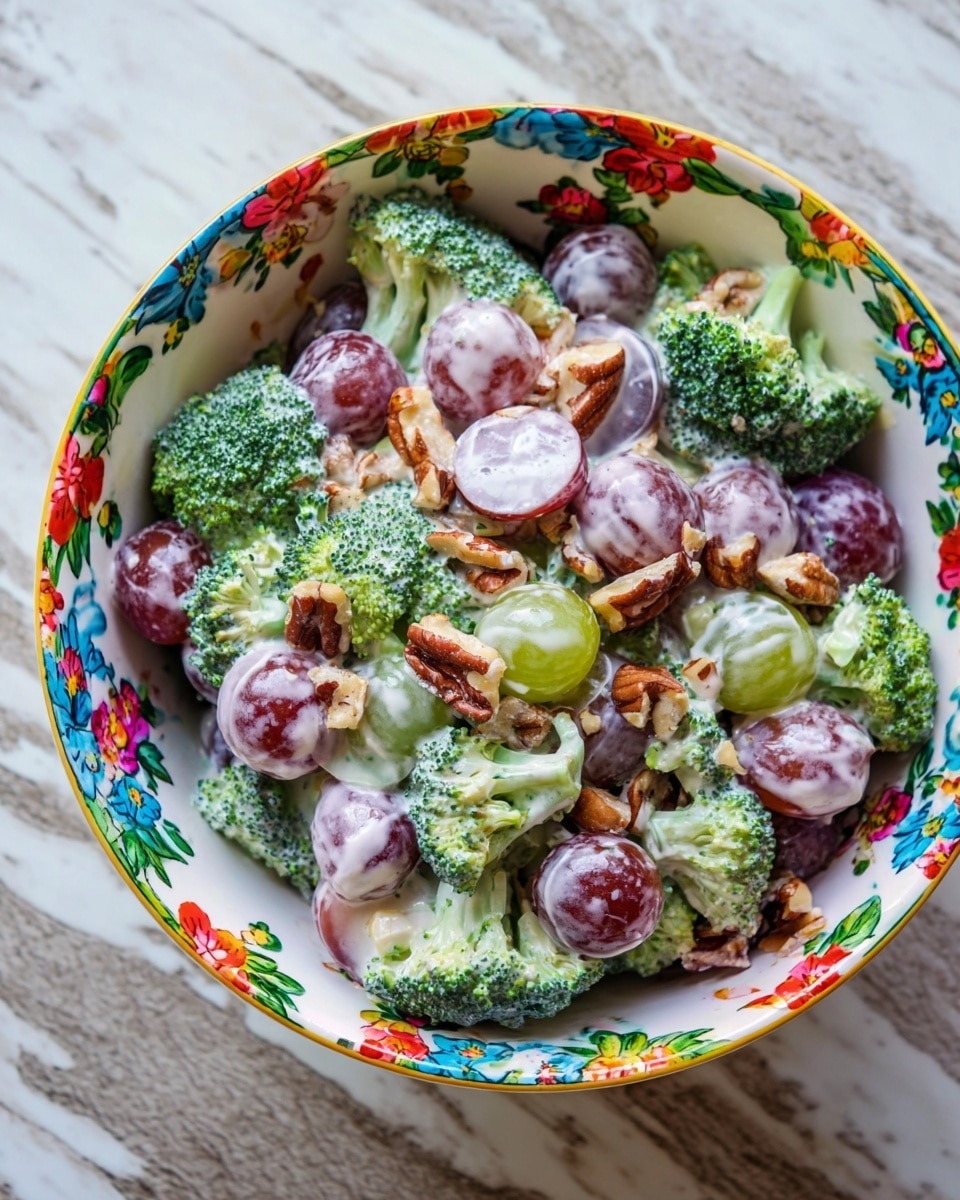 A white bowl filled with a fresh broccoli salad sits on a white marbled surface. The salad has three main layers: the bottom layer is light green broccoli florets with a firm texture, the middle layer has light purple red onion slices and halved red grapes with shiny skins, and the top layer is sprinkled with small pieces of golden brown nuts. The salad looks creamy with bits of white dressing mixed in. The image is bright with soft light shining from the back, making the colors stand out. photo taken with an iphone --ar 4:5 --v 7