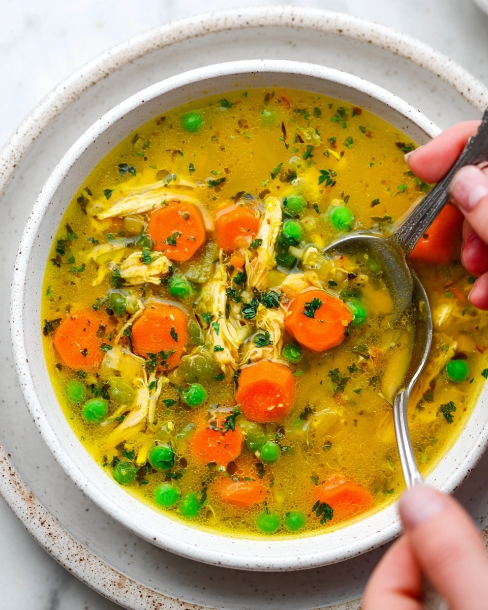 The image shows a bowl of chicken soup with a clear yellow broth filled with shredded chicken pieces, bright orange carrot slices, green peas, and bits of celery. The soup is topped with chopped green herbs and a few ground black pepper flakes scattered around. A silver spoon with an ornate handle rests inside the bowl, which is white and sits on a white marbled surface with some parsley leaves nearby. The colors are fresh and vibrant, highlighting the warmth and heartiness of the soup. Photo taken with an iphone --ar 4:5 --v 7