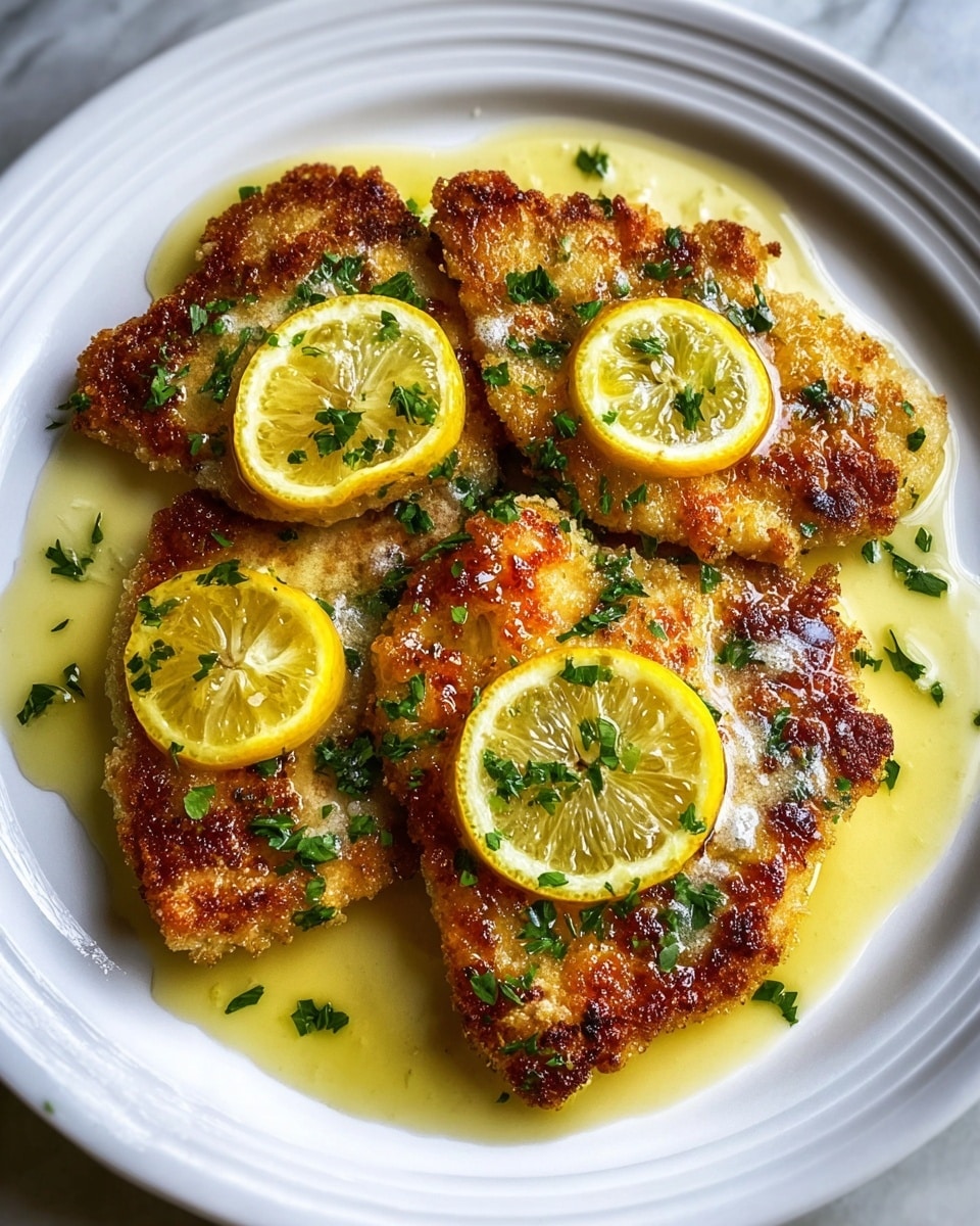 Four golden-brown breaded chicken breasts form the base layer on a white plate with a delicate raised edge pattern. Each piece has a crispy texture with some charred spots showing a well-cooked surface. On top of each chicken breast rests a bright yellow lemon slice, slightly translucent, showing the lemon’s details clearly. The dish is covered with a glossy, light yellow sauce that pools around the chicken and has some small pieces of herbs mixed in. Fresh green parsley is sprinkled evenly over the chicken and sauce, adding pops of color. The plate rests on a white marbled texture. photo taken with an iphone --ar 4:5 --v 7