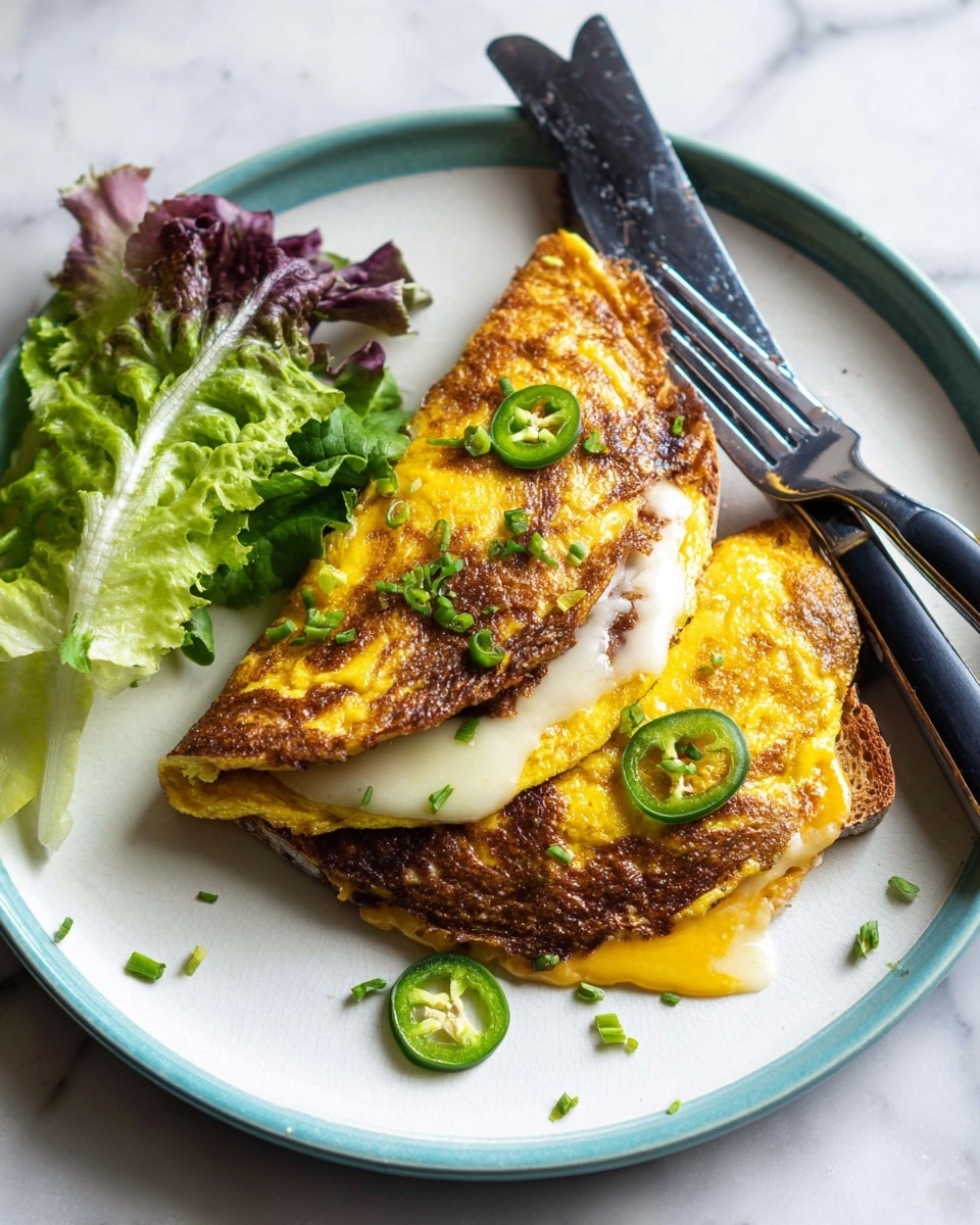 The image shows a close-up of a white plate with two small folded yellow omelettes, each with a browned, slightly crispy texture on the outside, layered over melted, creamy white cheese and dark brown crispy edges of bread or a base layer. Next to the omelettes are fresh, green leafy lettuce and sliced green jalapeño peppers adding a pop of color. The plate rests on a white marbled surface with a silver fork and knife placed beside it. Photo taken with an iphone --ar 4:5 --v 7