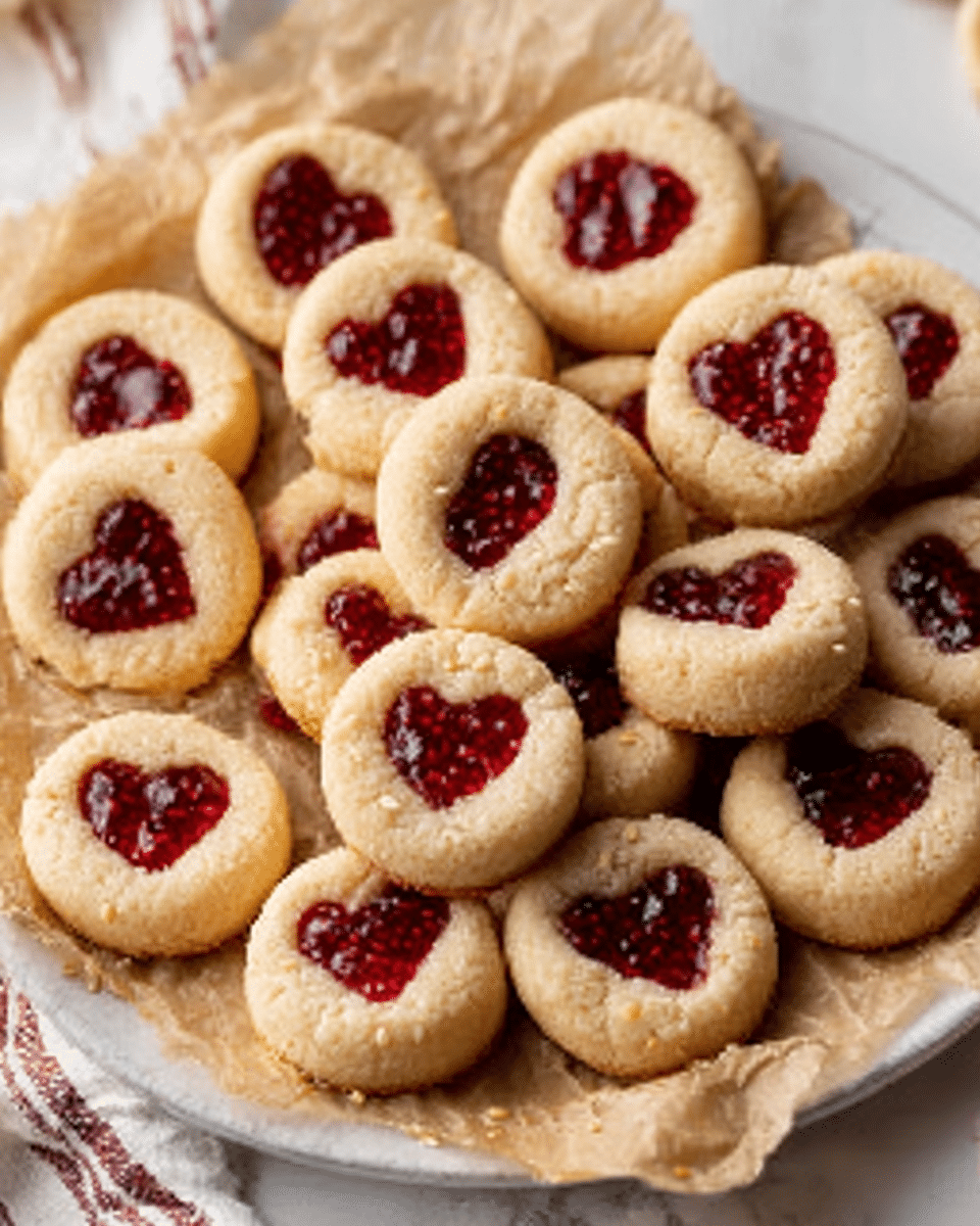 A white plate filled with multiple thumbprint cookies arranged closely together on crinkled brown parchment paper. Each cookie is round, light golden with a soft, crumbly texture, and has a deep red jam filling in the center that looks shiny and slightly sticky. The cookies are topped with a few small seeds, giving a slight texture contrast. The background shows a white marbled surface with a strip of cloth partly visible to the side, adding a cozy feel. Photo taken with an iphone --ar 4:5 --v 7