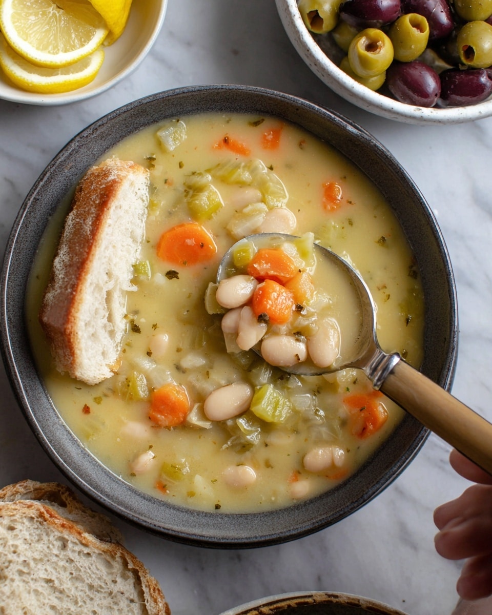A large black bowl filled with creamy soup that has visible chunks of orange carrots, white beans, and pieces of light green celery evenly spread throughout a pale yellow broth. A silver spoon with a dark brown wooden handle is scooping a portion of the soup, showing the same mix of ingredients. A piece of white bread with a bite taken out rests partly in the soup on the right side of the bowl. In the background on a white marbled surface, there are two small black bowls; one contains green and dark purple olives, the other has lemon wedges. Photo taken with an iphone --ar 4:5 --v 7