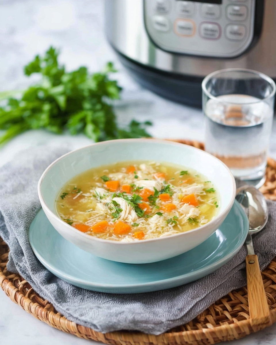 A white bowl filled with creamy chicken and rice soup placed on a gray cloth on a wicker tray, the soup has a yellowish broth with visible pieces of shredded white chicken, orange carrot cubes, and green parsley sprinkled on top, behind the bowl there is a glass of clear water and a stainless steel instant pot with buttons and a digital screen, a spoon with a wooden handle lies on the gray cloth beside the bowl, the whole scene set on a white marbled surface. photo taken with an iphone --ar 4:5 --v 7