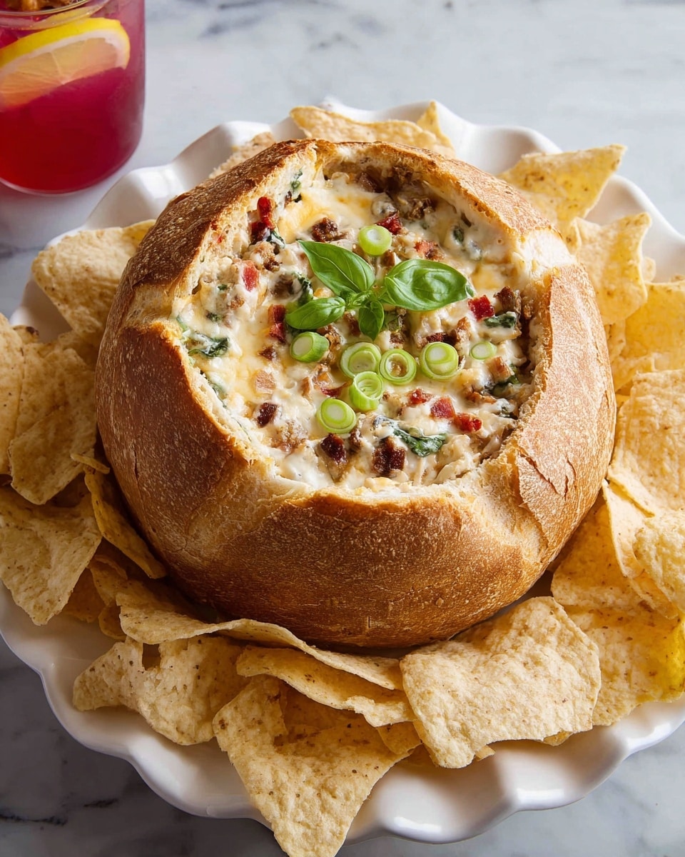A round hollowed bread bowl with a golden brown crust filled with creamy dip that has red tomato pieces, green onions, and melted cheese with a slightly browned top layer; the dip is garnished with fresh green leaves and sliced green onions; the bread bowl is placed in the middle of a white scalloped plate that is surrounded by yellow tortilla chips; the setting is on a white marbled textured surface, with a red drink and a slice of orange visible in the top corner photo taken with an iphone --ar 4:5 --v 7
