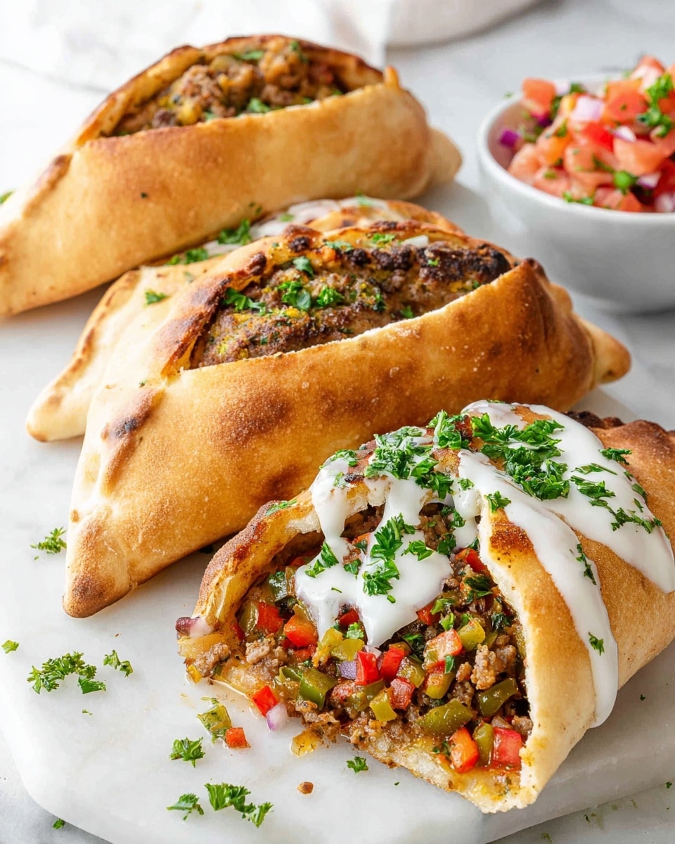 The image shows four baked pockets of golden brown dough with crispy, slightly charred edges sitting on a white marbled surface, with two of the pockets cut open to reveal colorful filling inside. The filling consists of visible layers of diced red and green bell peppers, onions, and a browned meat mixture, giving a mix of red, green, white, and brown colors. The pockets are garnished with fresh green parsley. In the background, there is a white bowl filled with a fresh salsa made of chopped tomatoes, onions, and cilantro. Photo taken with an iphone --ar 4:5 --v 7