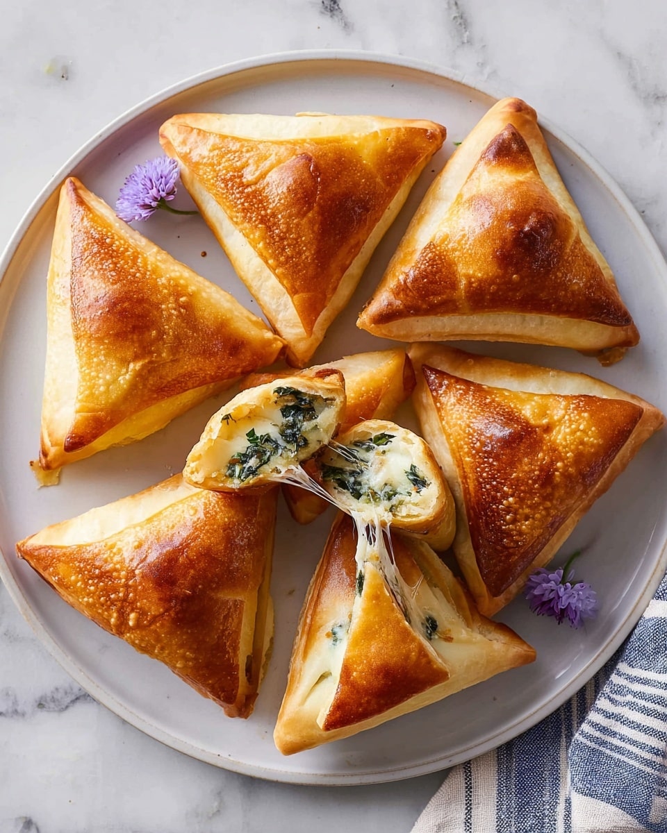 A close-up view of several triangular pastry pockets with a golden-brown, slightly shiny crust on top, resting on a white marbled surface. One pastry is cut open in the center, showing creamy white and green filling with visible pieces of spinach and bits of a light beige ingredient. The texture of the crust is smooth with slight browning on the edges, and some coarse salt sprinkled on the surface. The pastries are arranged closely, filling the frame. photo taken with an iphone --ar 4:5 --v 7