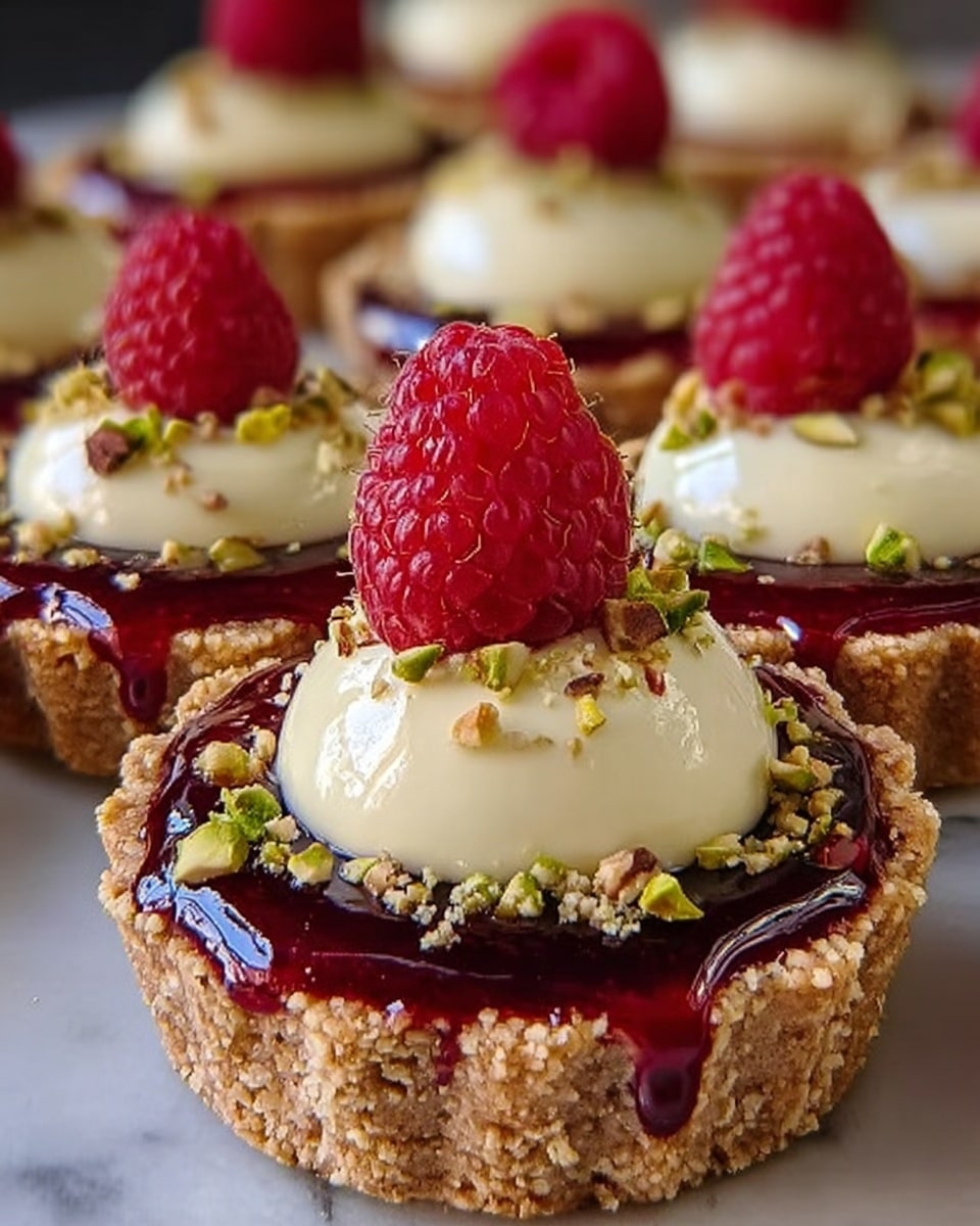 A close-up view of small round tarts arranged on a white marbled surface, each tart having three visible layers: the bottom layer is a light brown crumbly crust with a rough texture, the middle layer is a smooth dark red jelly that slightly spills over the crust edges, and the top layer is a glossy white cream with a smooth, shiny surface. Each tart is topped with two fresh, bright red raspberries and sprinkled with chopped green pistachios and small nut pieces, all adding color and texture to the cream. The image focuses mainly on the front tart, with others blurred in the background, showing a neat and inviting arrangement. photo taken with an iphone --ar 4:5 --v 7