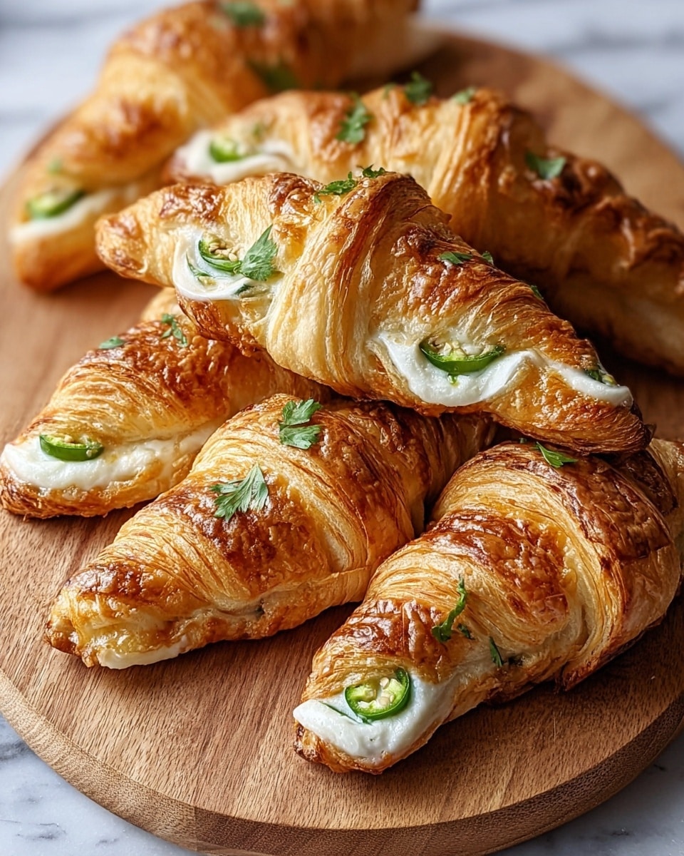A close-up of several golden-brown croissant-shaped pastries arranged on a wooden board, each pastry having 3 to 4 layers of flaky, crispy dough with a shiny baked texture. The top layers are twisted to reveal a creamy white cheese filling mixed with small green slices of jalapeño and some chopped green herbs sprinkled on top. The melting cheese inside shows a smooth and soft texture contrasting the crispy outside. The whole scene sits on a white marbled texture, creating a clean and bright background. Photo taken with an iphone --ar 4:5 --v 7