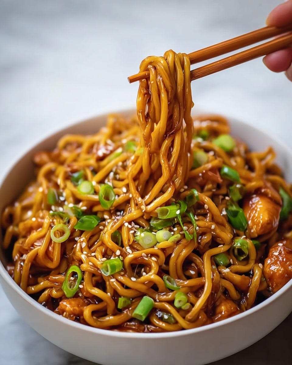 A close-up view of a white bowl filled with glossy, brown stir-fried noodles mixed with small, shiny pieces of orange-brown chicken. The noodles are twisted and lifted by a pair of wooden chopsticks held by a woman's hand above the bowl. Fresh chopped green onions and small white sesame seeds are sprinkled evenly on top, adding bright green and white accents. The bowl is set on a white marbled surface, creating a clean and simple background. Photo taken with an iphone --ar 4:5 --v 7