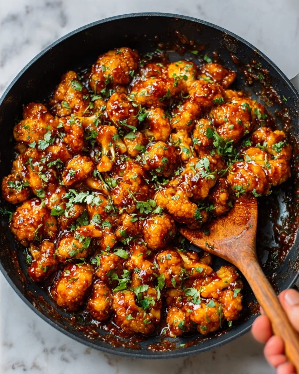 The image shows a black pan filled with bite-sized cauliflower pieces coated in a thick, sticky orange-brown sauce. The cauliflower is cooked to a slightly crispy texture with a glossy finish from the sauce. Bright green chopped herbs are sprinkled evenly over the top, adding a fresh contrast to the rich color of the dish. A woman's hand is holding a wooden spoon, stirring or serving the cauliflower from the right side of the pan. The pan sits on a white marbled surface. The photo taken with an iphone --ar 4:5 --v 7