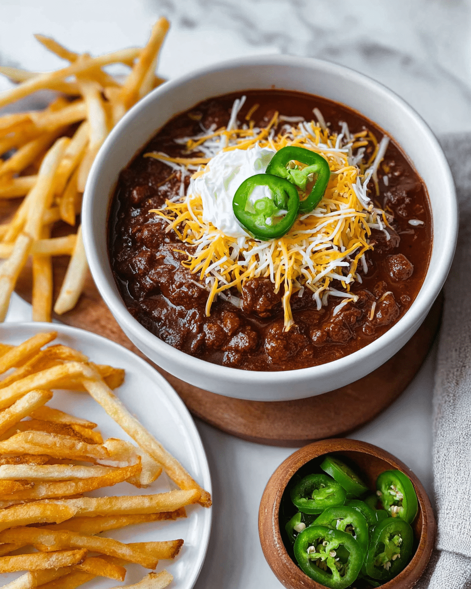 A white bowl filled with thick, dark brown chili containing visible beans and ground meat is topped with a mix of shredded yellow and white cheese, a dollop of white sour cream, and two slices of bright green jalapeño peppers in the center. Next to the bowl is a white plate holding a generous stack of golden, crispy French fries that have a slightly uneven texture. Below the plate is a small wooden bowl filled with more sliced green jalapeño pieces. The food is placed on a wooden board, all set against a white marbled surface. Photo taken with an iphone --ar 4:5 --v 7