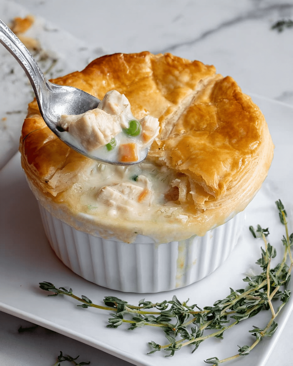 A white ceramic ramekin filled with a creamy chicken pot pie is topped with a single golden-brown, flaky pastry crust that covers the entire top and extends just over the edge. The crust is slightly cracked and broken open in the center, revealing a thick white sauce with visible chunks of light beige chicken, orange carrots, and pale green peas. A silver spoon, held by a woman's hand, is lifting a spoonful of the filling, showing the smooth texture and mixed vegetables inside. The ramekin sits on a white marbled surface with a small bunch of fresh green thyme placed next to it. Photo taken with an iphone --ar 4:5 --v 7