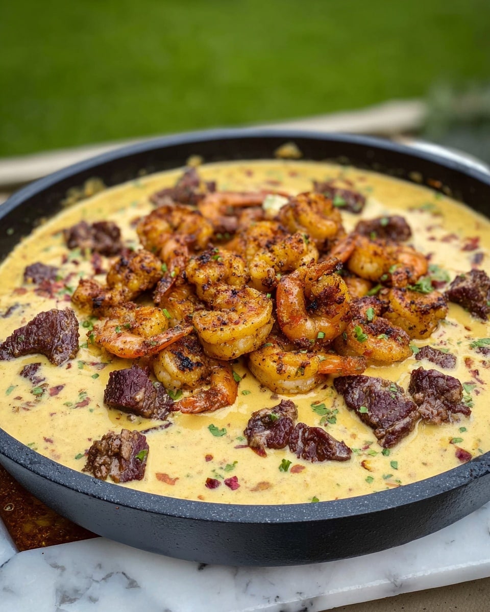 A close-up view of a black cast iron pan filled with creamy light brown cheese sauce mixed with small red bits, topped with grilled shrimp pieces that are golden and slightly charred, and medium-rare steak cubes that are brown on the outside with pink centers. A woman's hand is holding a large yellow tortilla chip dipping into the cheese sauce, picking up some shrimp and steak pieces. The background is a white marbled texture. photo taken with an iphone --ar 4:5 --v 7