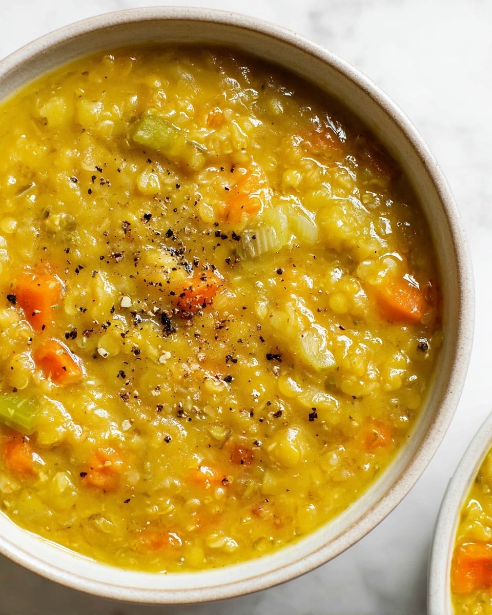 A close-up view of a thick yellow lentil soup in a white bowl, showing a soft, chunky texture with visible pieces of orange carrots, green celery, and translucent onion pieces mixed throughout. The soup has a glossy surface with black pepper sprinkled on top, adding a speckled detail. The bowl sits on a white marbled surface, highlighting the warm colors and creamy consistency of the soup. photo taken with an iphone --ar 4:5 --v 7