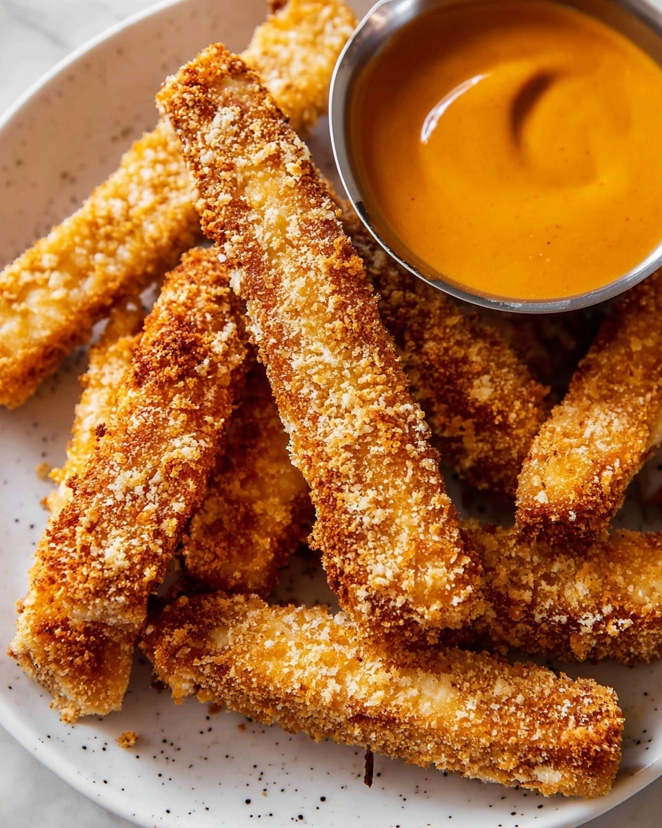 Several crunchy golden brown sticks with a rough, crispy texture are arranged closely together on a white plate with speckled patterns, set on a white marbled surface. One stick is partially dipped into a small silver bowl filled with a smooth, thick, bright orange sauce. The sticks are evenly coated and show slight variations in shade from light to deeper golden. Photo taken with an iphone --ar 4:5 --v 7