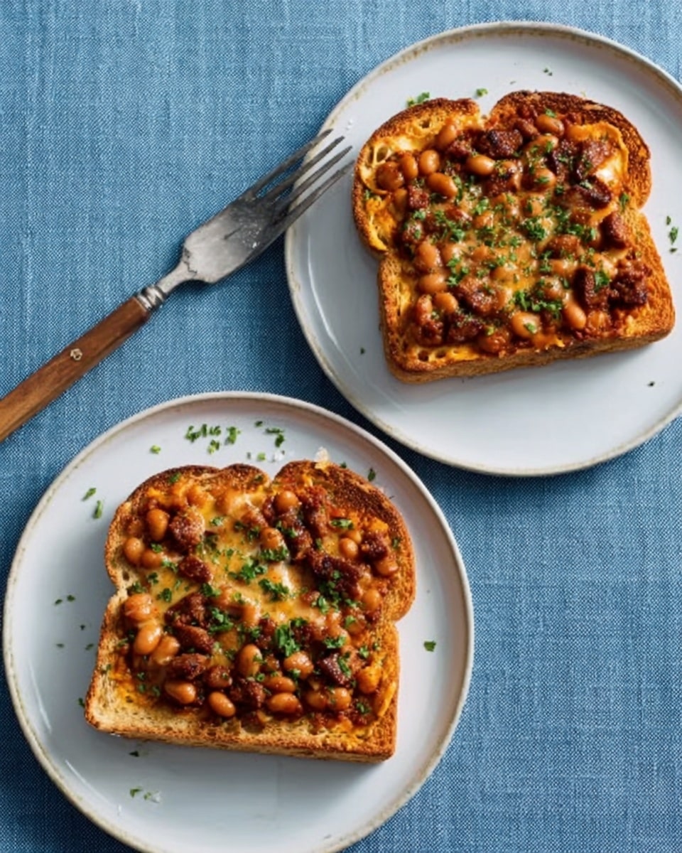 Two white plates each hold one slice of toast topped with a mix of baked beans, melted cheese, and small pieces of browned sausage, garnished with finely chopped green herbs. The toast is thick and golden brown, and the toppings cover the entire surface of each slice, showing a rich combination of orange and brown colors from the beans and sausage. A silver fork with a wooden handle rests on the edge of the left plate. The plates are set on a blue cloth background. photo taken with an iphone --ar 4:5 --v 7