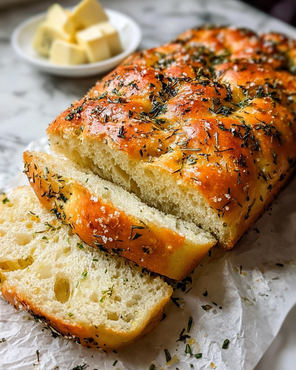 The image shows a loaf of garlic Parmesan herb bread with a golden-brown crust, cut into thick slices that reveal a soft, fluffy inner texture. The bread has clear layers from the cuts, each with a shiny, slightly oily surface, covered with green herbs and white specks of Parmesan cheese. The herbs look finely chopped and are spread evenly on top, with some dried rosemary sticking out. The bread is laid on a wooden board set on a white marbled texture, and a small white dish with butter is blurred in the background. photo taken with an iphone --ar 4:5 --v 7