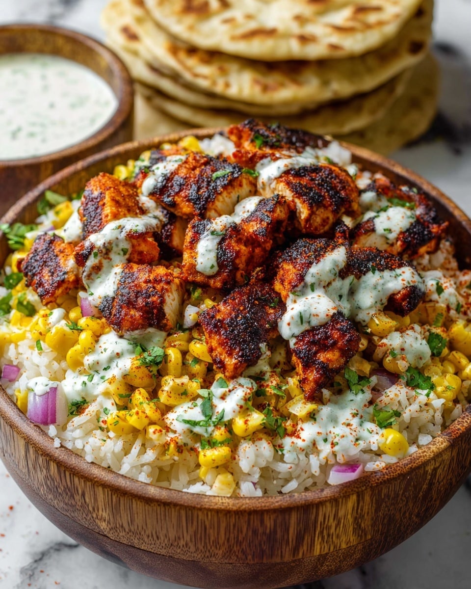 The dish shows a close-up of a bowl with three main layers: the bottom layer is white rice with a soft texture, the middle layer is bright yellow grilled corn kernels that look slightly charred, and the top layer is several pieces of grilled chicken with a dark charred crust and a golden-brown color. The chicken pieces are drizzled with creamy white sauce sprinkled with reddish-brown spices. There are chopped green herbs scattered on top, along with thin slices of purple-red onion on the side. A slice of light green lime with herbs on it is visible in the corner. The whole bowl sits on a white marbled surface. photo taken with an iphone --ar 4:5 --v 7