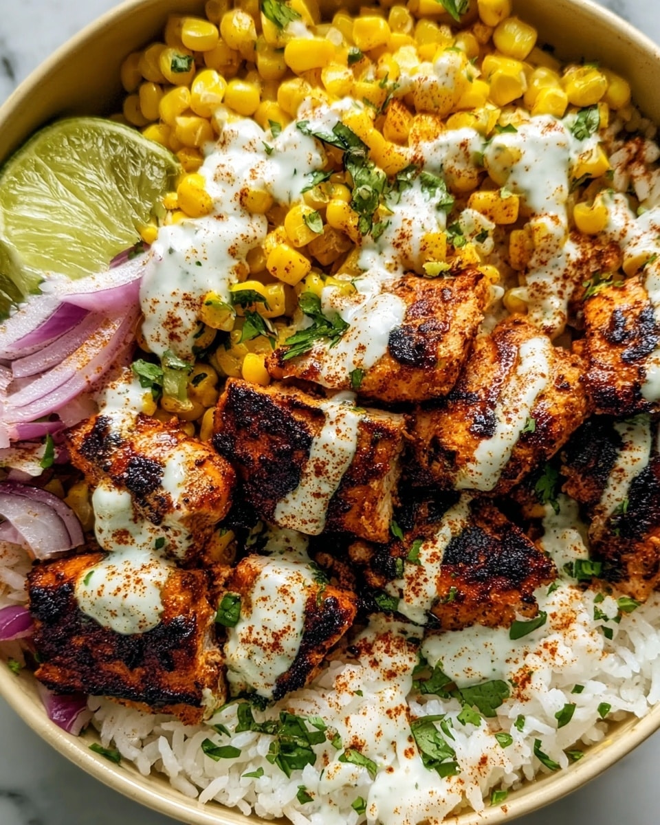 A wooden bowl filled with three main layers: the bottom layer is white rice mixed with bright yellow grilled corn and small pieces of purple onion, topped with fresh green cilantro leaves. The middle layer features chunks of grilled chicken coated in a dark, spicy reddish-brown seasoning with some charred edges. The top layer is drizzled generously with a creamy white sauce that contrasts with the grilled chicken, also sprinkled with small bits of green herbs and a light dusting of red spice. In the background, there is a stack of flatbreads and the whole scene is set on a white marbled surface. Photo taken with an iphone --ar 4:5 --v 7