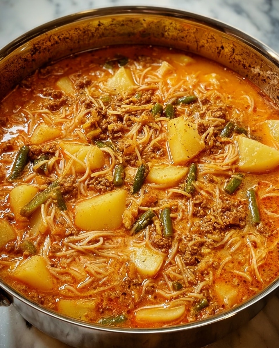 A close-up view of a deep pot filled with a thick stew containing several layers of ingredients. The base layer is a rich, orange-red broth with a smooth texture. Floating throughout the stew are chunks of pale yellow potatoes, scattered evenly. Mixed in are soft, cooked green vegetable pieces, and small, brown, finely ground meat bits spread throughout. Thin, pale noodles are woven all over, blending with the other ingredients, creating a dense and hearty look. The pot is shiny and metallic, with some soup residue on the inner sides. The background shows hints of a white marbled texture. photo taken with an iphone --ar 4:5 --v 7