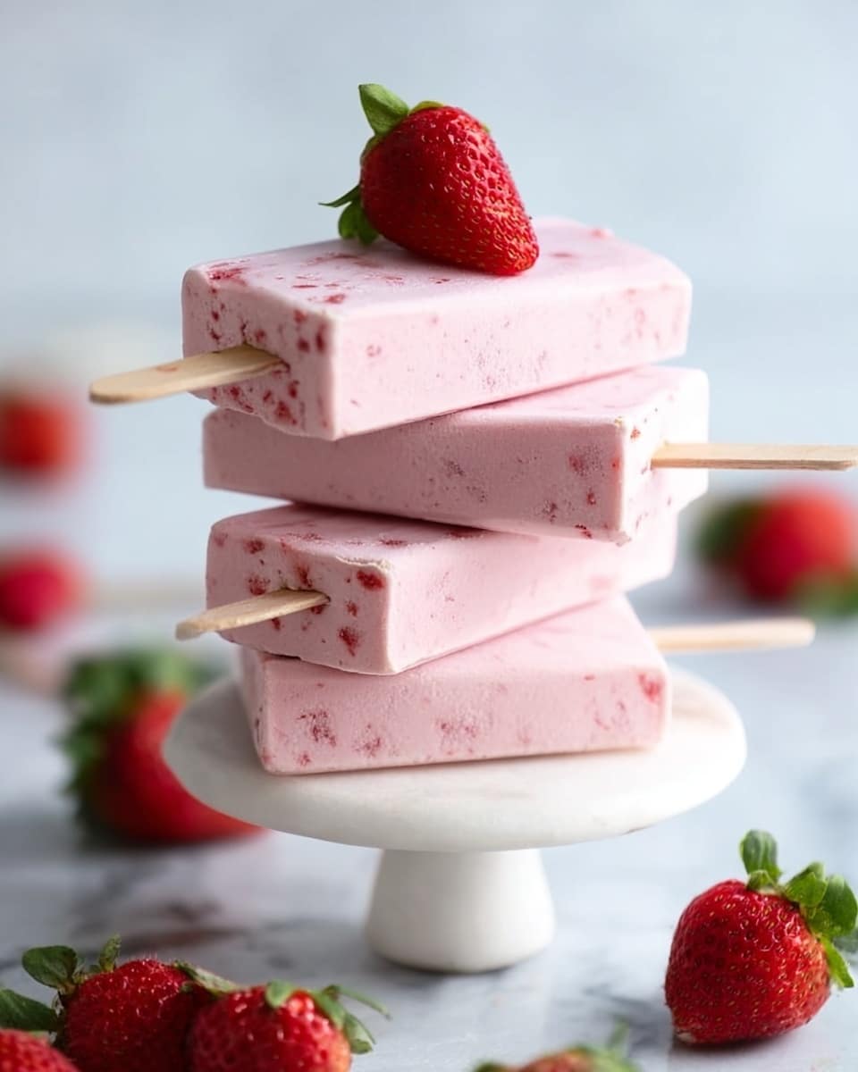 The image shows a stack of four pink strawberry popsicles on wooden sticks, arranged horizontally one on top of the other. The popsicles have a smooth, creamy texture with small strawberry bits visible in them. A single fresh, red strawberry with green leaves is placed on top of the stack. The popsicles and strawberries sit on a white pedestal with a clean white marbled surface background. Scattered around the base are several fresh red strawberries with green tops. Photo taken with an iphone --ar 4:5 --v 7